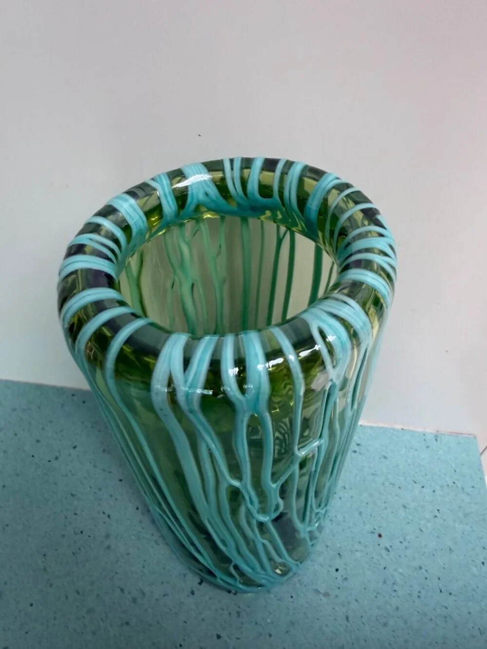 Murano Handblown Translucent Vase With Melted Threads Green Aqua Vintage
